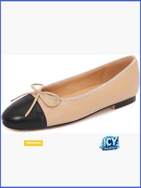 Faux Leather Cap Toe Ballet Flats with Bow, Slip On Round Toe